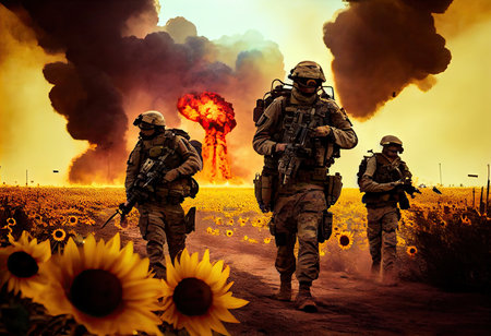 Military special forces soldiers crosses destroyed warzone through fire and smoke in a sunflower field.の素材