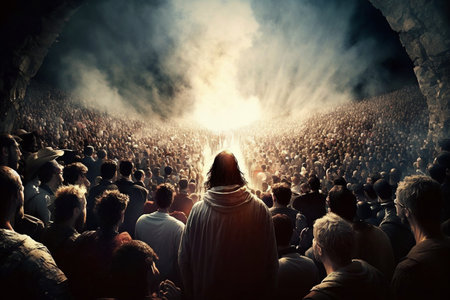 Revelation of Jesus Christ, new testament, religion of christianity, heaven and hell over the crowd of people, Jerusalem of the bible.の素材