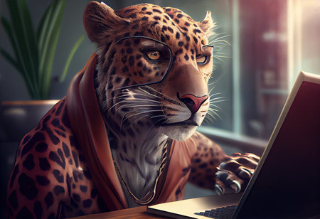 Portrait of an anthropomorphic jaguar as a developer in the office.の素材