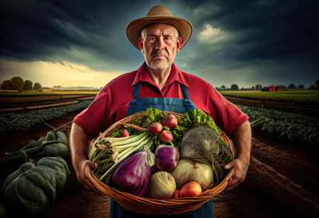 Farmer holds a basket of harvested vegetables against the background of a farm. harvesting.の素材