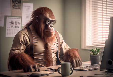 Portrait of an anthropomorphic orangutan as a developer in the office.の素材