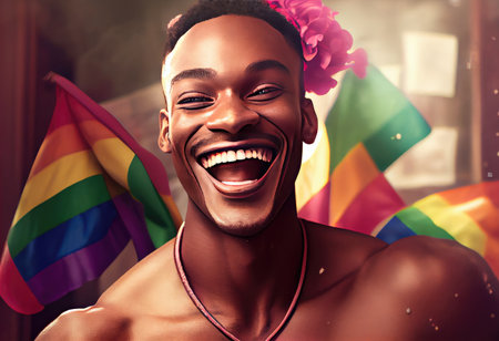 Happy African gay man celebrating pride festival - LGBTQ community concept.の素材