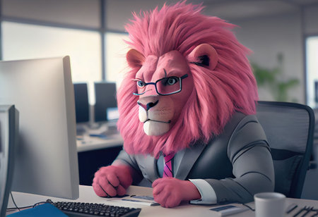 Portrait of an anthropomorphic pink lion as a developer in the office.の素材