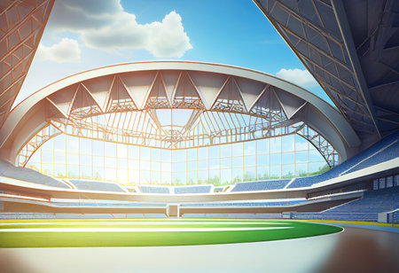 Grand baseball stadium field diamond daylight view, modern public sport building 3D render background.の素材