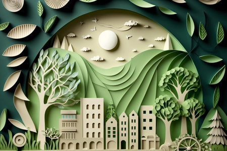 Paper art style , Paper cut of eco city design Green energy concept and environment conservation ,の素材