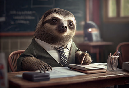 Portrait of an anthropomorphic sloth dressed as a schoolboy in a classroom.の素材