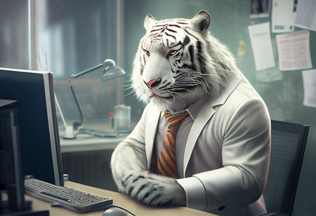 Portrait of an anthropomorphic white tiger as a developer in the officeの素材