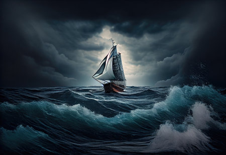Sailboat against a background of sea and storm.の素材