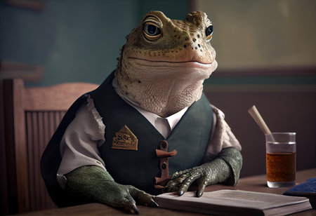 Portrait of an anthropomorphic toad dressed as a schoolboy in a classroom.の素材