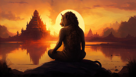 The lion yogi sits with his back in the lotus position.の素材