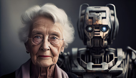 Senior woman with robot care for the futureの素材