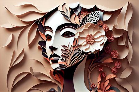 An exciting paper collage with a girl's face and flowers. An illustration created to celebrate International Women's Day.の素材