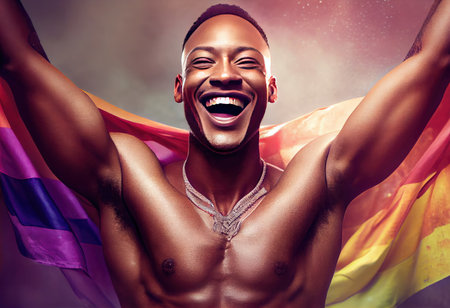 Happy African gay man celebrating pride festival - LGBTQ community concept.の素材