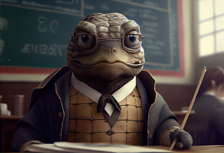 Portrait of an anthropomorphic turtle dressed as a schoolboy in a classroom.の素材