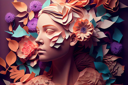 An exciting paper collage with a girl's face and flowers. An illustration created to celebrate International Women's Day.の素材