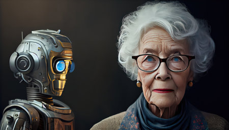 Senior woman with robot care for the futureの素材