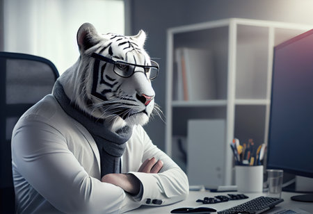 Portrait of an anthropomorphic white tiger as a developer in the officeの素材
