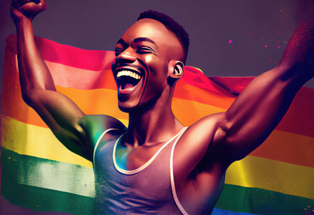 Happy African gay man celebrating pride festival - LGBTQ community concept.の素材