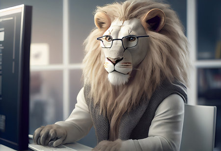 Portrait of an anthropomorphic white lion as a developer in the office.の素材