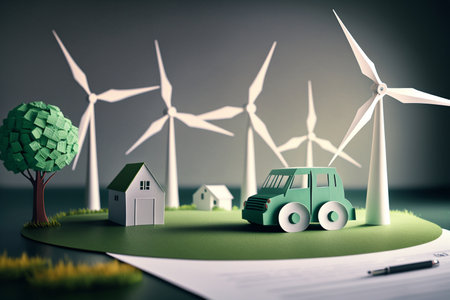 Paper art , renewable energy with green energy as wind turbines , Renewable energy by Carbon neutral energy , Energy consumption and CO2, Reduce CO2 emission conceptの素材
