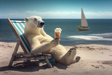 A white polar bear eats ice cream in a cone on the beach.の素材