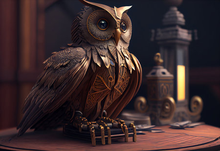 close-up of an owl statue sitting on top of a wooden table, a 3D rendering, kinetic art, steampunk.の素材