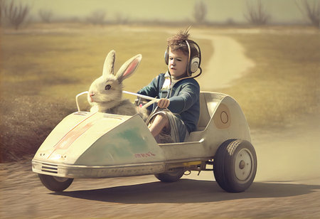 Easter excursion Easter bunny in a pedal car.の素材