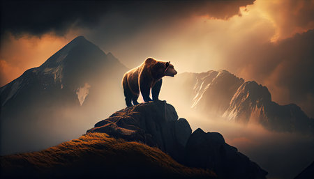 big ferocious bear on top of a mountain at sunset.の素材