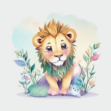 A cute illustration of a baby vintage watercolor lion.の素材