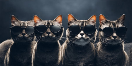 A group of cats with sunglasses on dark backgroundの素材