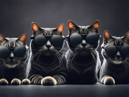 A group of cats with sunglasses on dark backgroundの素材