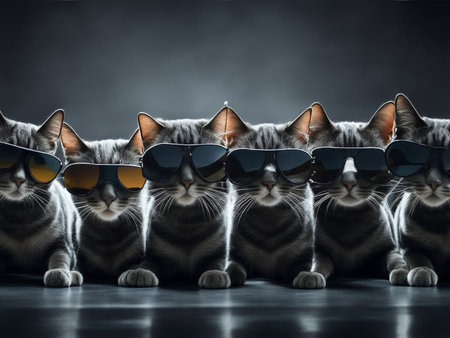 A group of cats with sunglasses on dark backgroundの素材