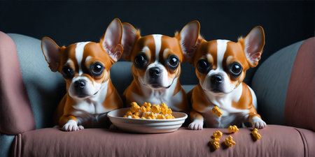 Three cute chihuahua with popcorn watching a movie in cinemaの素材