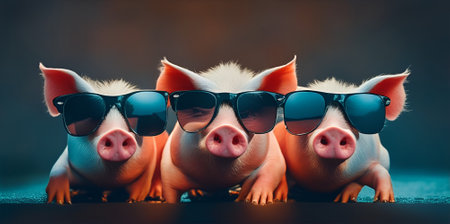 Three pigs with sunglasses on dark backgroundの素材
