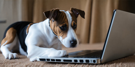 A jack russell terrier looking at a laptopの素材