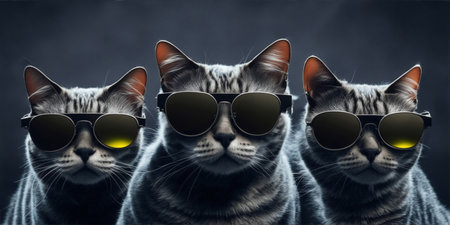 Three cats with sunglasses on dark backgroundの素材