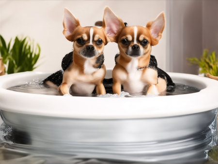 Chihuahuas bathing in a sinkの素材