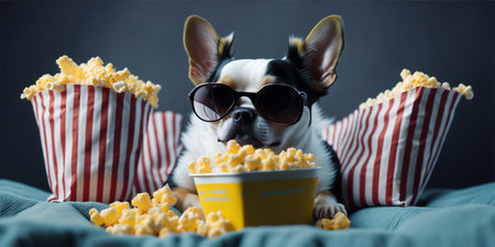 cute chihuahua watching a movie in cinema glasses with popcorn.の素材