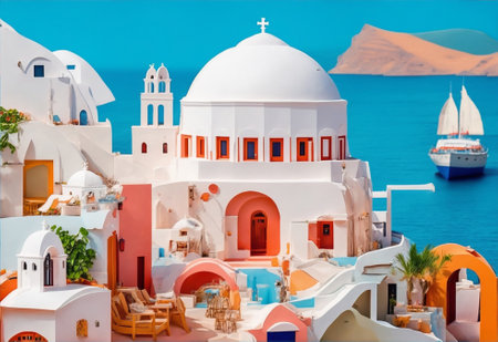 Santorini Greece paper art. AI Generate.の素材