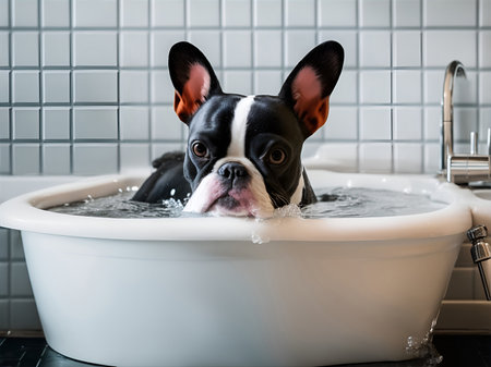 A boston terrier bathing in a sinkの素材