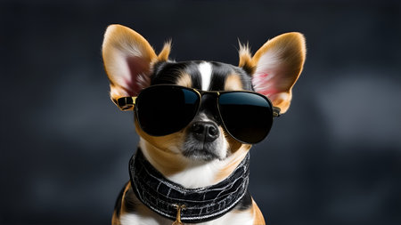 A cute chihuahua wearing sunglasses on black background.の素材