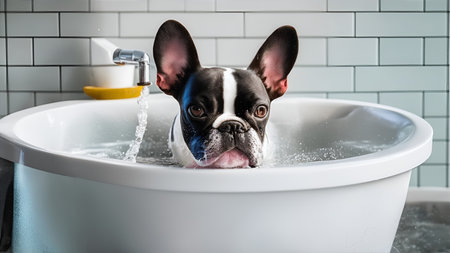 A boston terrier bathing in a sinkの素材