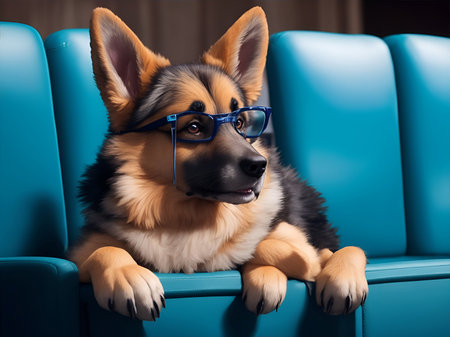 Cute shepherd dog watching a movie in cinema glasses.の素材