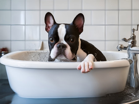 A boston terrier bathing in a sinkの素材