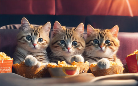 Three cute cat in sunglasses watching a movie with popcorn.の素材