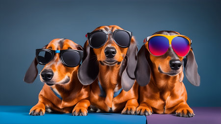 Three dachshunds wearing colorful sunglasses.の素材