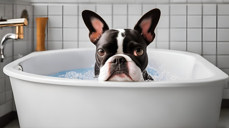 A boston terrier bathing in a sinkの素材