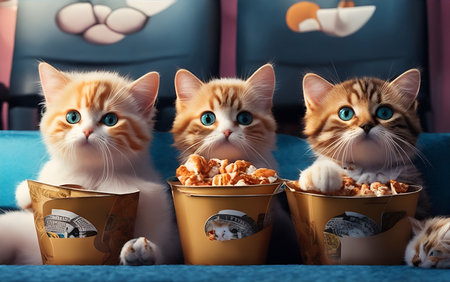 Three cute cat in sunglasses watching a movie with popcorn.の素材