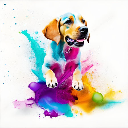 Puppy playing in colorful water color, dirty with color splash.の素材