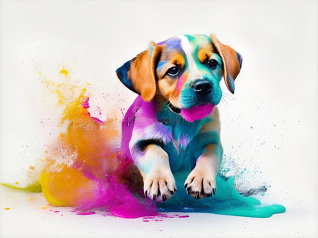 Puppy playing in colorful water color, dirty with color splash.の素材
